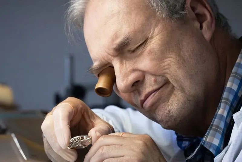 صانع ساعات مسن يعمل بدقة على تفاصيل ساعة، مستخدمًا عدسة مكبرة، مما يعكس شغفه بفن صناعة الساعات التقليدية.