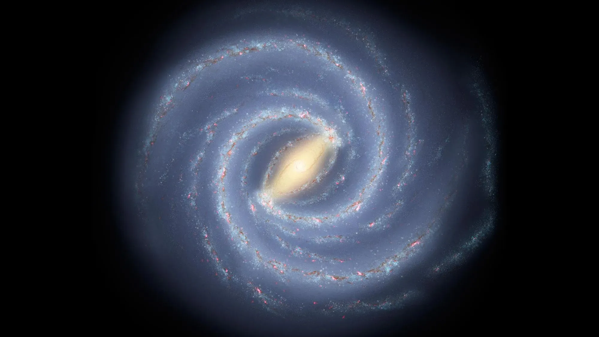 مجرة حلزونية كبيرة تظهر تفاصيلها، مع مركز مضيء، تمثل مجرة درب التبانة، مع الإشارة إلى احتمال تصادمها مع مجرة أندروميدا.