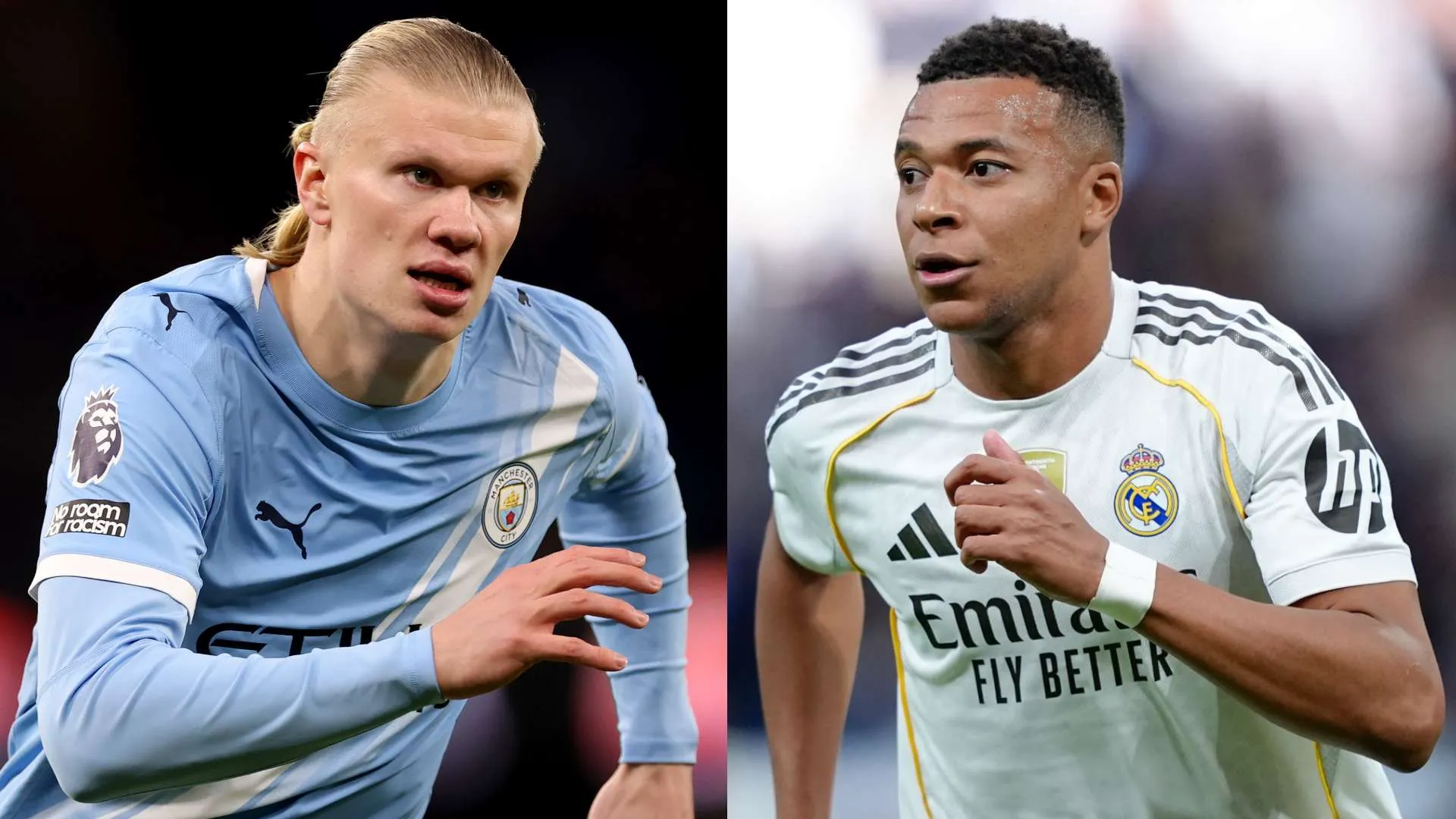 إيرلينغ هالاند بقميص مانشستر سيتي وكيليان مبابي بقميص ريال مدريد، مع نقاش حول إمكانية ضم هالاند إلى ريال مدريد بجانب مبابي.