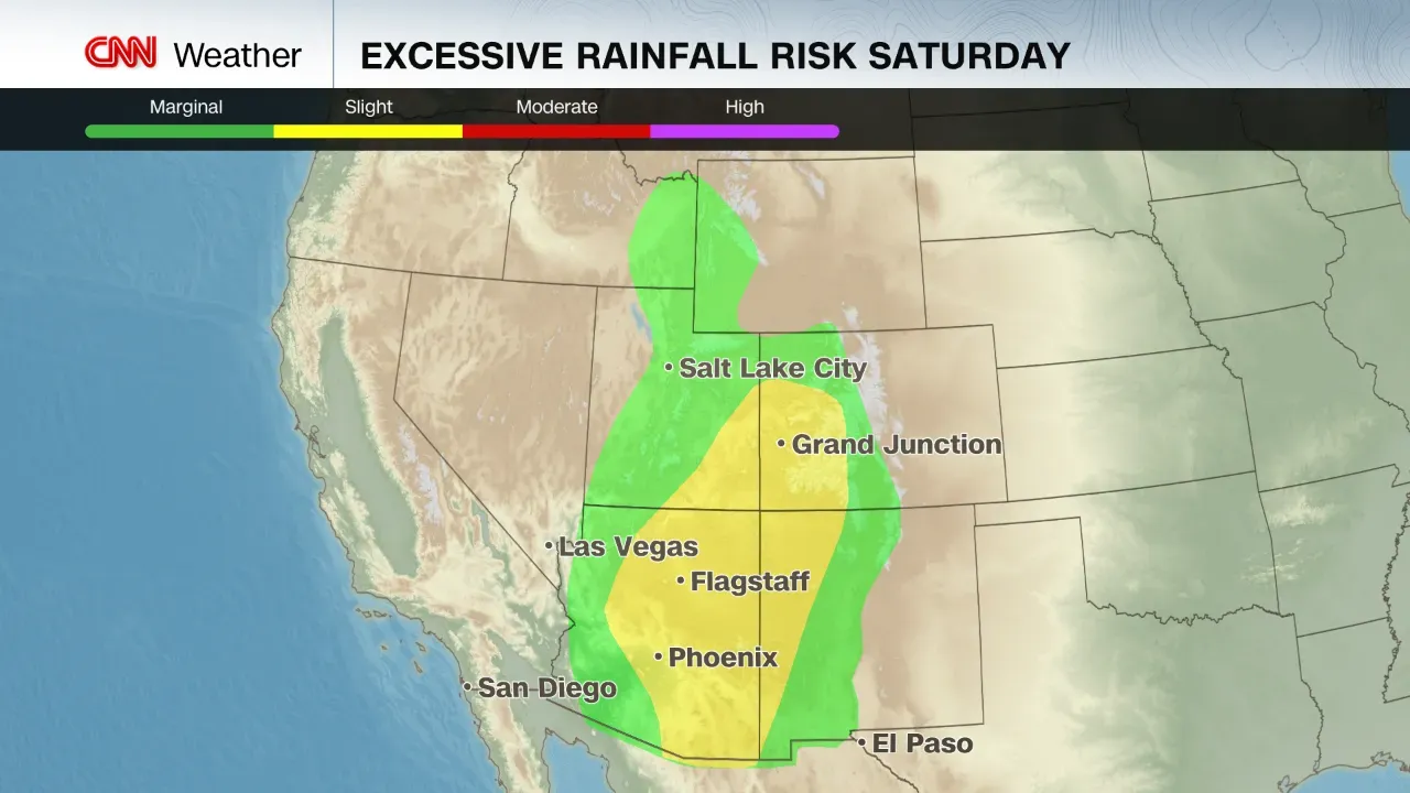 توضيح بصري يعرض مخاطر الأمطار الغزيرة في غرب الولايات المتحدة، مع مناطق تتعرض لخطر شديد من الفيضانات في أريزونا ونيفادا.