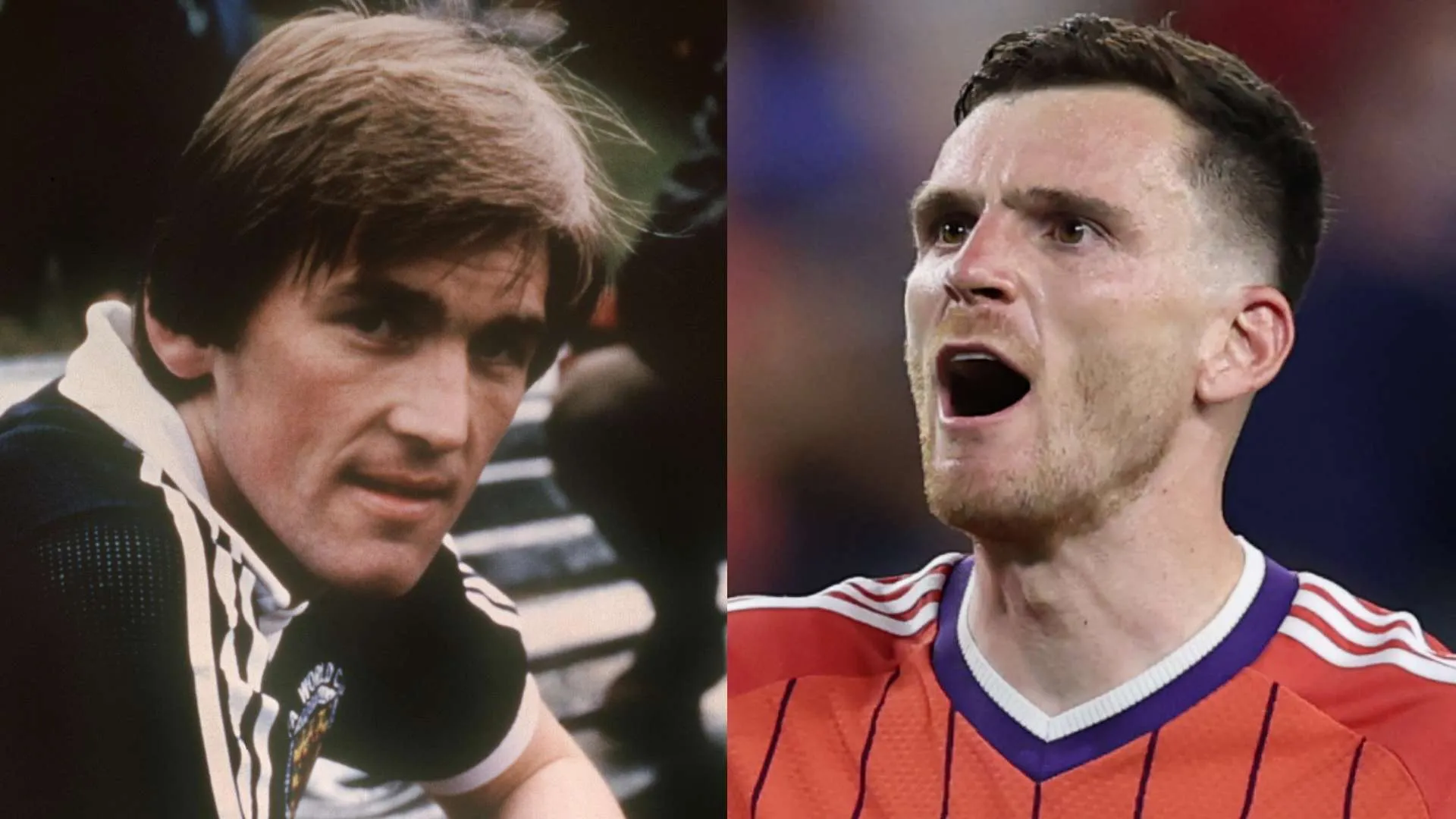 صورة تجمع بين Kenny Dalglish أسطورة كرة القدم الاسكتلندي وAndy Robertson قائد منتخب اسكتلندا الحالي في سياق تحطيم رقم المشاركات الدولية.