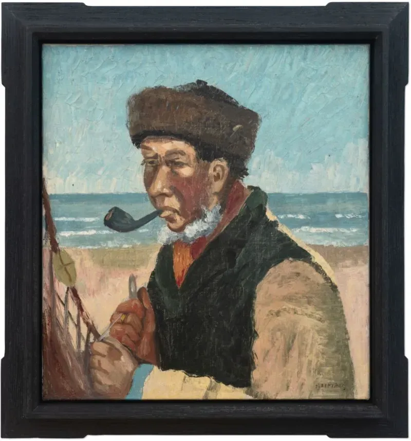 رجل مسن ذو لحية بيضاء يدخن غليونه ويصلح شبكته، خلفية البحر. اللوحة للفنان فنسنت فان جوخ، تعد اكتشافاً حديثاً.