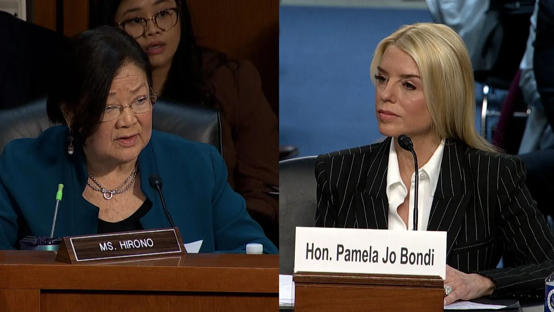 جلسة استماع لتأكيد تعيين بام بوندي كمدعية عامة جديدة، حيث تظهر بوندي ومستشارة في لجنة الشؤون القضائية، وسط توترات حول سياسات وزارة العدل.