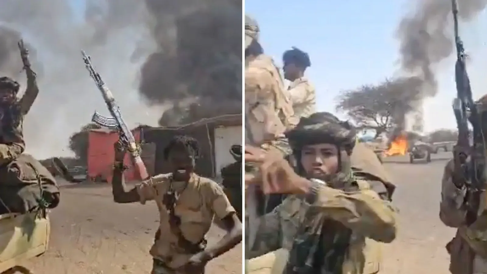 مقاتلون من قوات الدعم السريع في السودان يرفعون أسلحتهم وسط دخان كثيف بعد هجوم على مخيم زمزم للاجئين، مما أدى إلى دمار واسع.