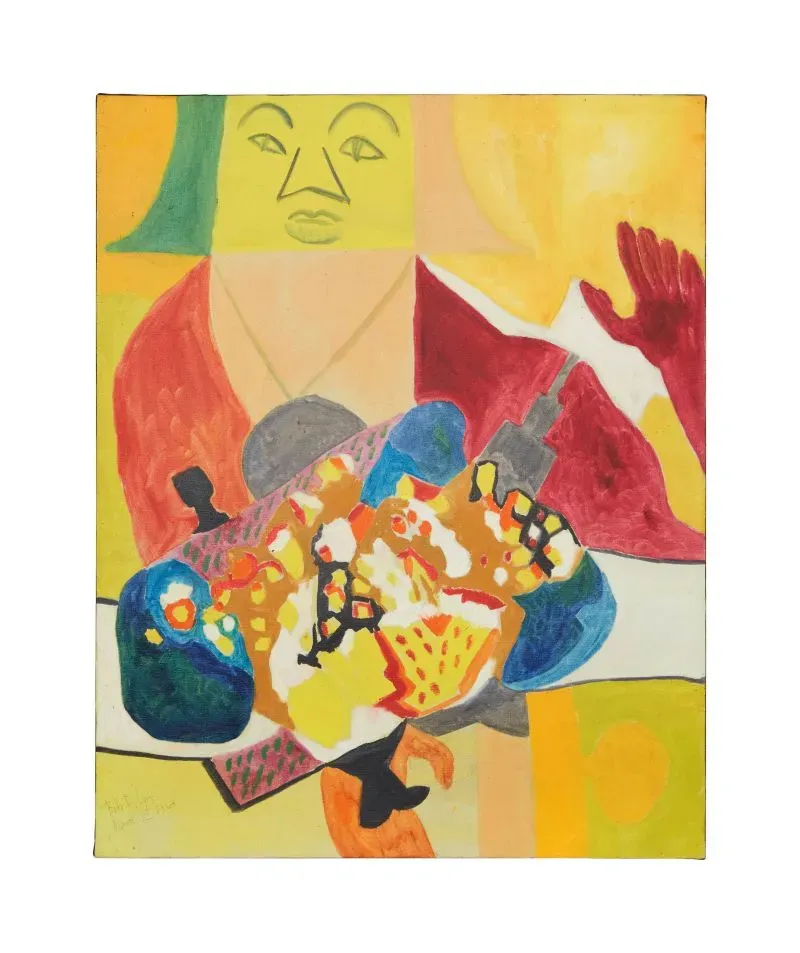 لوحة زيتية ملونة تجسد شخصية تحمل مجموعة من الفواكه، تعكس أسلوبًا فنيًا معاصرًا، مع ألوان زاهية وتفاصيل معبرة.