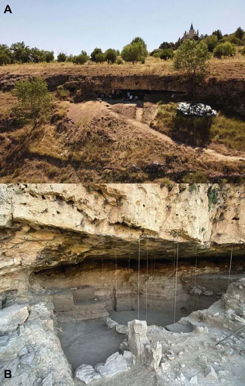صورة لموقع ملجأ سان لازارو الصخري في سيغوفيا، حيث تم اكتشاف بصمة إنسان نياندرتال تعود إلى 43,000 سنة، مما يشير إلى فن رمزي قديم.