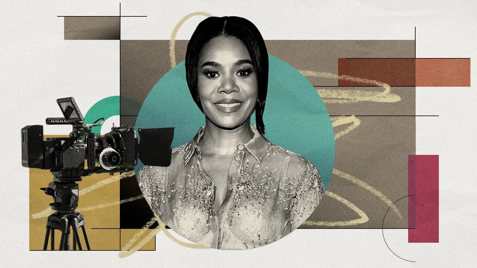 ريجينا هول تتحدث عن لحظتها المفضلة في عام 2025، مع وجود كاميرا خلفها، تعكس مسيرتها الفنية المتنوعة في الكوميديا والدراما.