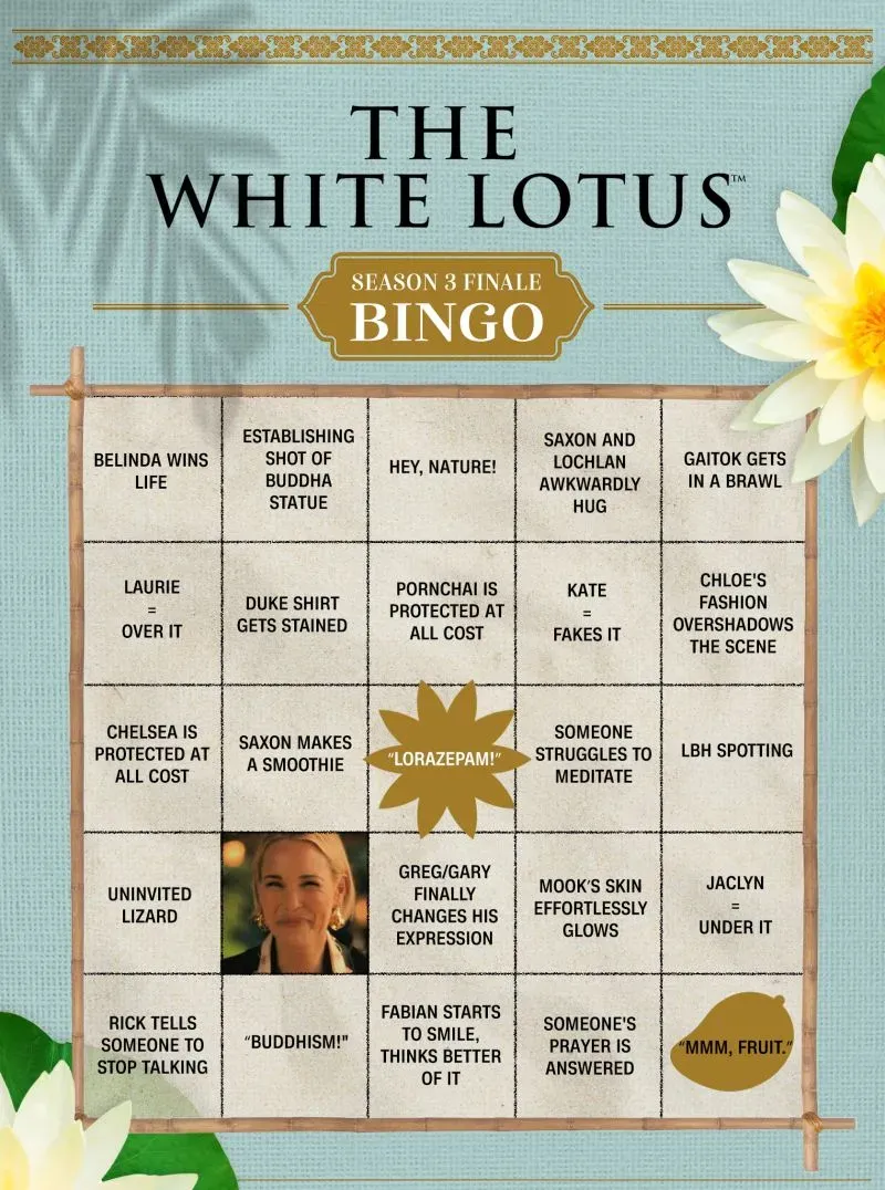 لعبة بينغو مستوحاة من الحلقة الأخيرة للموسم الثالث من "اللوتس الأبيض"، تتضمن عبارات مرحة وشخصيات من المسلسل.