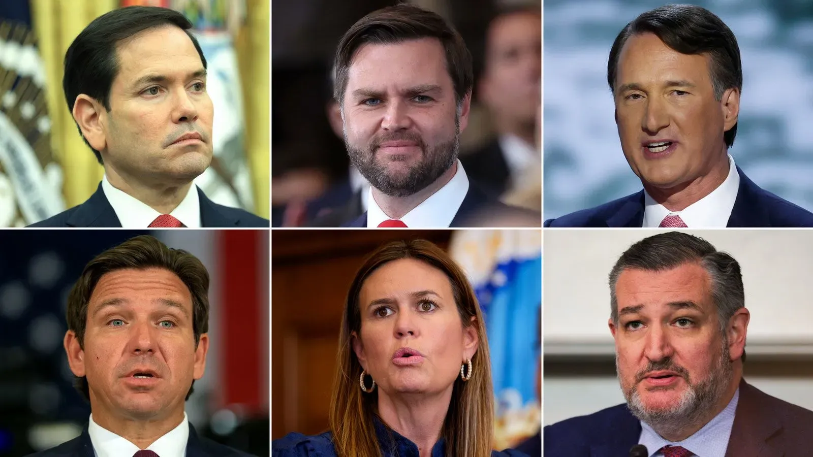 صور متعددة لمرشحين جمهوريين محتملين للرئاسة في 2028، يتضمنون ماركو روبيو، جيه دي فانس، ورون ديسانتيس، مع تعبيرات جادة تعكس المنافسة السياسية.