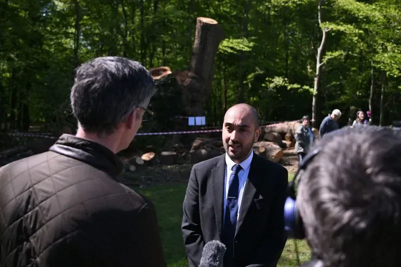 رجل يتحدث أمام الصحفيين حول قطع شجرة بلوط قديمة في لندن، مع بقايا الشجرة خلفه، مما يبرز تأثير هذا الحدث على المجتمع.