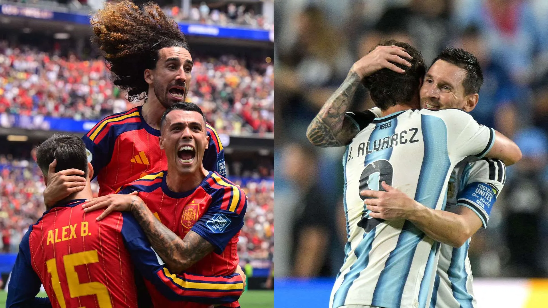 لاعبو منتخب إسبانيا والأرجنتين يحتفلون بحماس خلال مباراة كرة قدم، في سياق الحديث عن خواتم بطولة كأس العالم FIFA 2026 وتصميمها الفاخر.