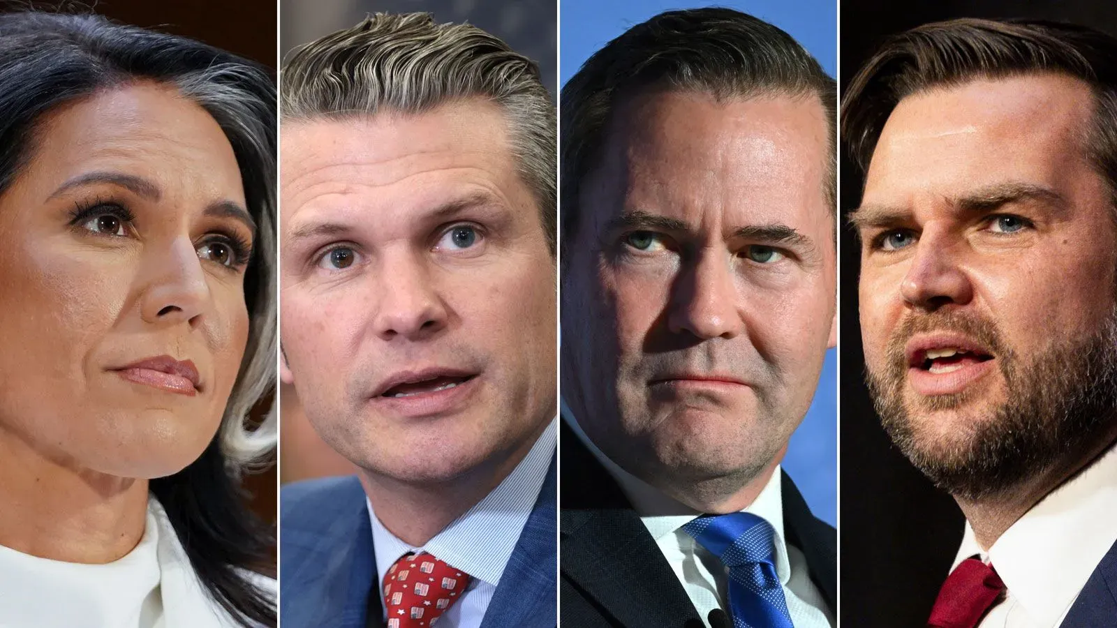 مجموعة من المستشارين العسكريين السابقين للرئيس ترامب، تشمل تولسي غابارد وبيت هيغسيث، حيث يناقشون السياسة الخارجية المثيرة للجدل.