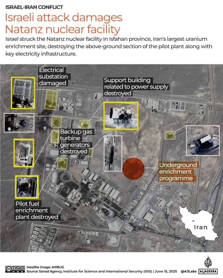خريطة توضح الأضرار التي لحقت بمنشأة نطنز النووية الإيرانية، مع تحديد المواقع المتضررة من الهجمات الإسرائيلية.