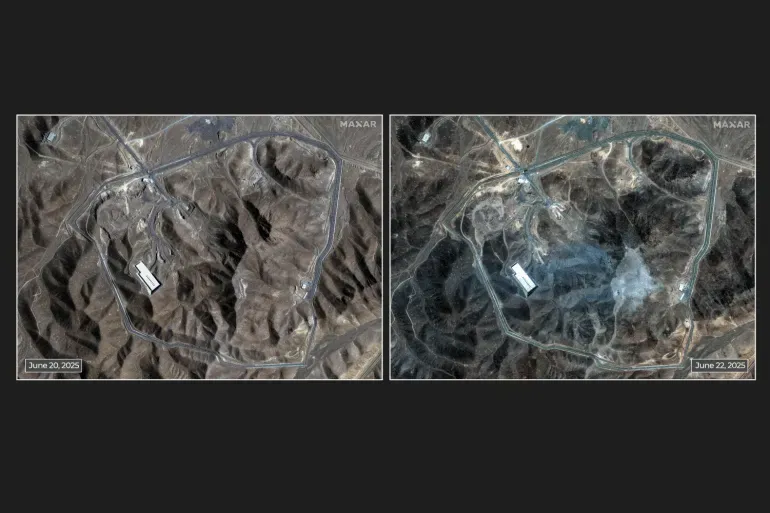 صورة فضائية لموقع فوردو النووي الإيراني، تُظهر التغيرات بين 20 و22 يونيو 2025، بعد الضربات العسكرية الأمريكية.