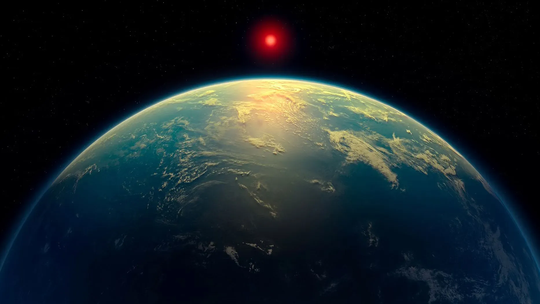 اكتشاف كوكب K2-18b مع غلاف جوي يحتوي على بصمات كيميائية تشير إلى وجود حياة محتملة، تحت ضوء نجم أحمر في الفضاء.