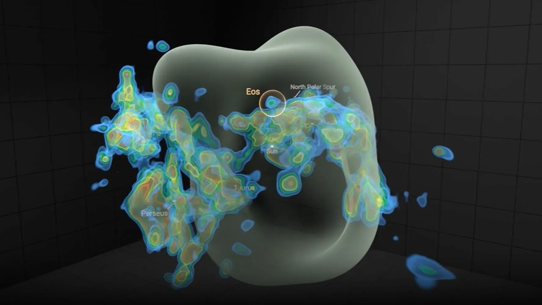 سحابة جزيئية تُظهر "إيوس" بالقرب من الأرض، تُبرز تكوين النجوم والكواكب، مع تفاصيل عن مواقعها في المجرة.