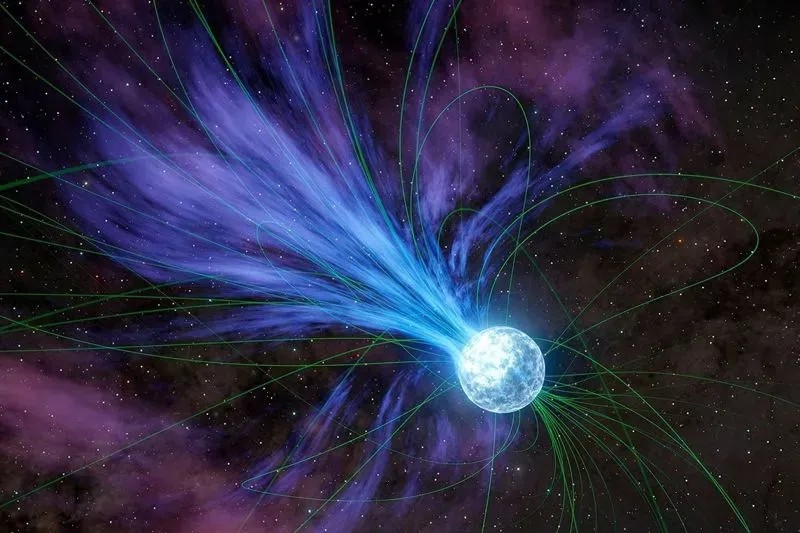 تظهر الصورة نجمًا نيوترونيًا مغناطيسيًا مشعًا، مع تدفقات من الإشعاع الأزرق، مما يشير إلى النشاط النجمي. يرتبط هذا البحث بتكوين العناصر الثقيلة مثل الذهب.