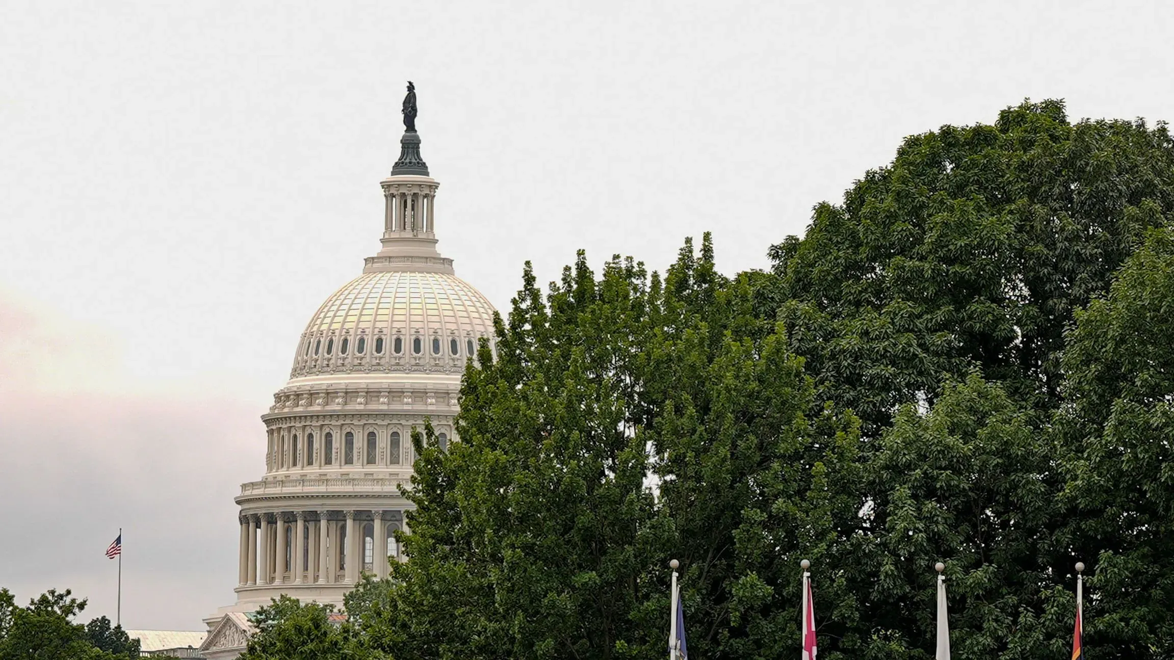 قبة مبنى الكابيتول الأمريكي محاطة بالأشجار، مع العلم الأمريكي يرفرف في الجهة اليسرى، تعكس أهمية النقاشات السياسية الحالية حول مشروع قانون الضرائب.