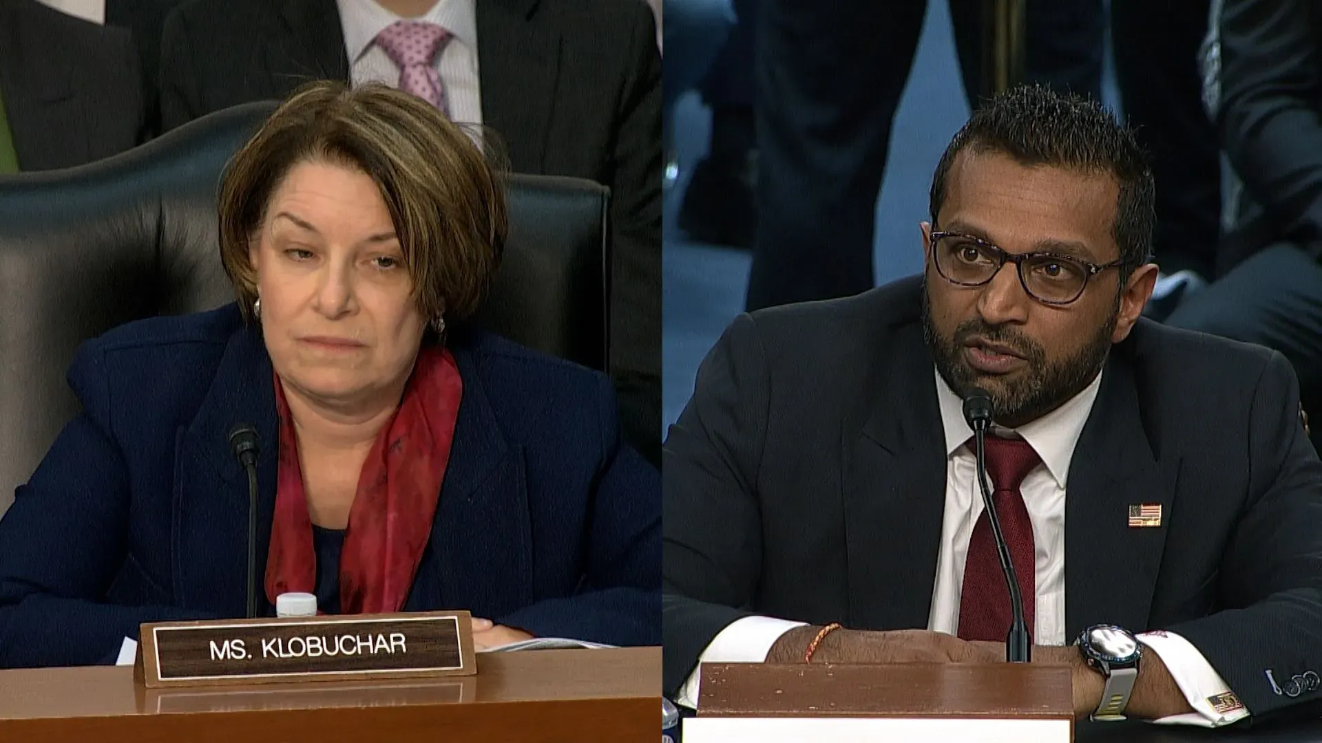 جلسة استماع للجنة القضائية في مجلس الشيوخ، حيث تتحدث السيناتور كلوبوشار مع المدير المرشح كاش باتيل حول تغييرات في مكتب التحقيقات الفيدرالي.