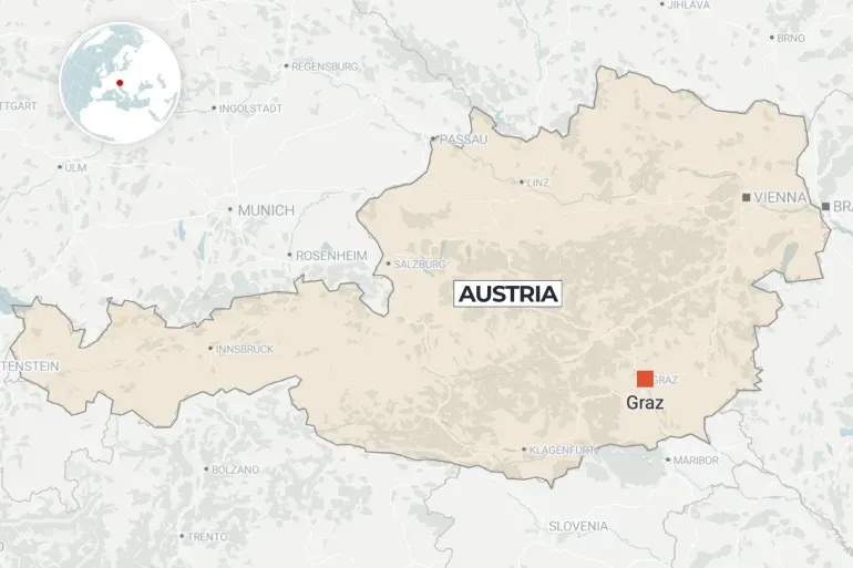 خريطة توضح موقع مدينة غراتس في النمسا، مع تسليط الضوء على المدينة، حيث شهدت إطلاق نار مميت في مدرسة.