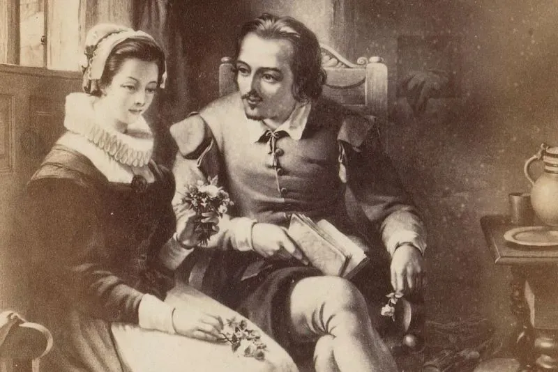 صورة تظهر ويليام شكسبير وزوجته آن هاثاواي في محادثة حميمية، تعكس العلاقة بينهما في سياق البحث الجديد حول زواجهما.