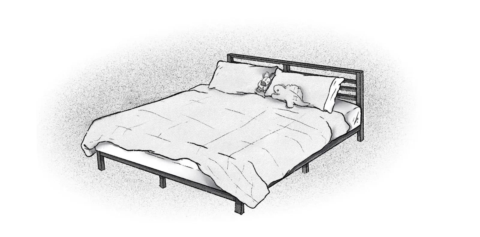 سرير مزدوج مزين ببطانية خضراء ووسائد، مع دمية محشوة تظهر على السرير، يعكس شعور الأمان والراحة في ظل التوترات العائلية.