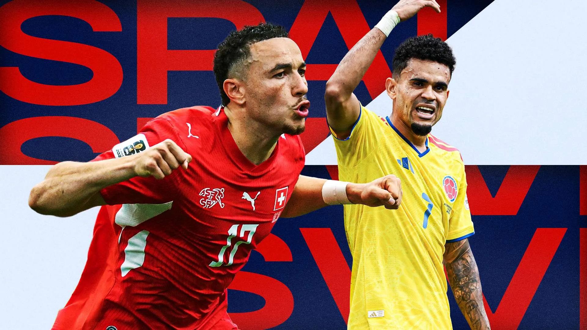 لاعب سويسري يحتفل بحماس بعد تسجيل هدف أمام لاعب كولومبي في مباراة كأس العالم، تعكس التوتر والإثارة التكتيكية.