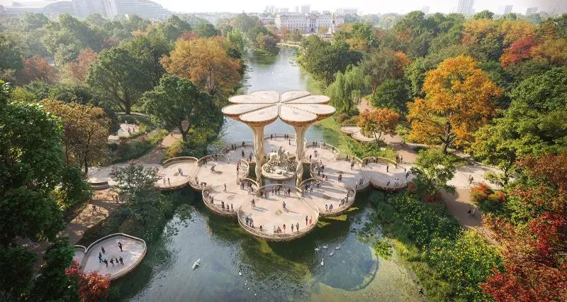 تصميم مستوحى من الزنبق في حديقة سانت جيمس، يضم جسرًا منحنيًا وممرات مائية، يهدف لتكريم الملكة إليزابيث الثانية.