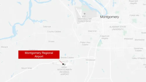 خريطة توضح موقع مطار مونتغمري الإقليمي في ألاباما، حيث تم تحويل رحلتين دوليتين بسبب الطقس السيء.