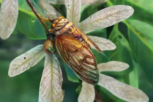 حشرة الزيز المفلطح Eoplatypleura messelensis، محنطة بشكل جيد، تظهر على ورقة نباتية، توضح تفاصيل جناحيها المعرقين.