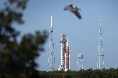 صاروخ "نظام الإطلاق الفضائي" SLS في منصة الإطلاق، محاط بأبراج الدعم، مع ظهور طائر في السماء، في سياق جهود ناسا لإطلاق مهمة Artemis II.