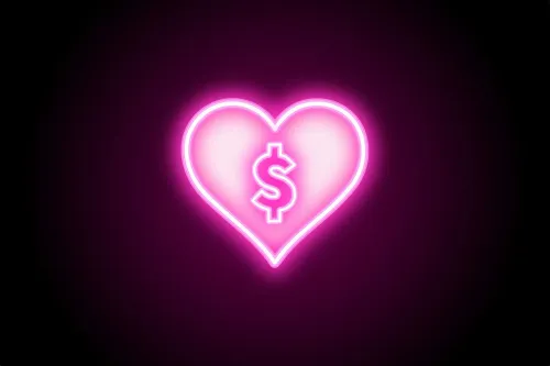 قلب مضيء باللون الوردي مع رمز الدولار، يرمز إلى العلاقة العاطفية بالمال وتأثيره على الرفاهية المالية.