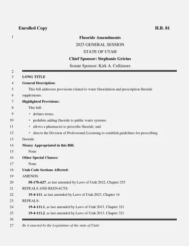تقرير قانوني عن تعديلات الفلورايد في ولاية يوتا، يوضح حظر إضافة الفلورايد إلى المياه العامة وتسهيل الحصول على مكملات الفلورايد.