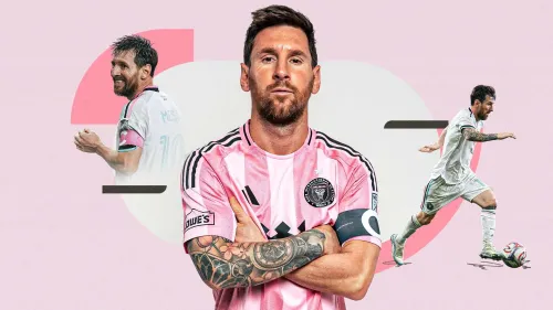 ليونيل ميسي بقميص إنتر ميامي مع صور متعددة له أثناء اللعب، مع التركيز على مسيرته الدولية واستثماراته في أندية كرة القدم.