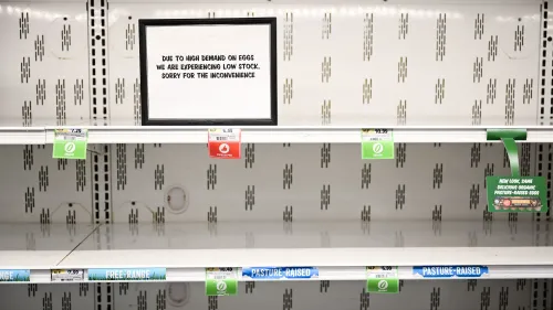 رفوف فارغة في متجر بقالة مع لافتة تحذر من نقص البيض بسبب الطلب العالي وتأثير إنفلونزا الطيور.