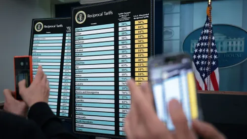قائمة التعريفات الجمركية التي أعلنها الرئيس الأمريكي، تعرض الدول المستهدفة ونسب التعريفات المفروضة، مع وجود أعلام خلفية.