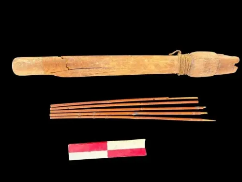 أدوات أثرية قديمة تشمل مزمارًا خشبيًا وعدد من الأسهم، تعود لمقابر من عصر الدولة الحديثة في الأقصر، مصر.