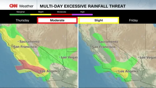 خريطة توضح مناطق خطر هطول الأمطار الغزيرة في كاليفورنيا، مع تصنيفات متوسطة إلى عالية، تشير إلى توقعات الفيضانات.