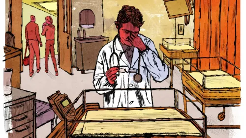 طبيب يرتدي معطفاً أبيض، يبدو عليه الحزن والقلق، يقف أمام حاضنات الأطفال في مستشفى، مع وجود أشخاص آخرين في الخلفية.