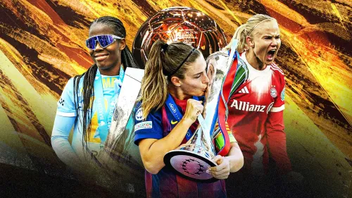 لاعبات كرة القدم أليكسا بوتيلاس وكارولين جراهام هانسن وإيفا بايور يحتفلن بألقاب دوري أبطال أوروبا وموسم 2025-26 المميز مع برشلونة وبايرن ميونخ.