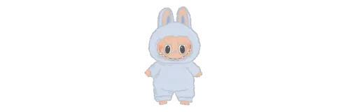 دمية لابوبو ترتدي زي أرنب بلون أزرق فاتح، تتميز بملامح لطيفة وابتسامة. تعكس شعبية هذه الدمى في ثقافة جمع المقتنيات.