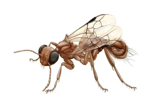 دبور طفيلي صغير من العصر الطباشيري، يُعرف باسم Sirenobethylus charybdis، يظهر بوضوح تفاصيل هيكله الفريد الذي يشبه مصيدة الذباب.