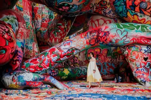 عارضة أزياء ترتدي فستانًا أبيضًا في بيئة مليئة بالرسومات الجدارية الملونة، تعكس أسلوبًا عصريًا وجريئًا خلال أسبوع الموضة في ميلانو.