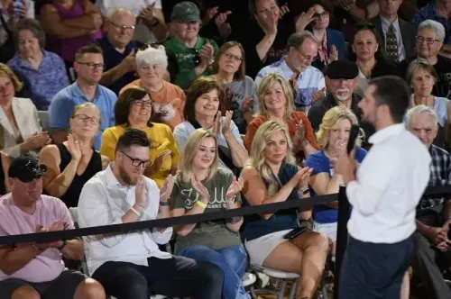 وزير النقل السابق بيت بوتيجيج يتحدث في قاعة بلدية بسيدار رابيدز، محاطًا بجمهور متنوع، مع التركيز على قضايا الديمقراطية والمحاربين القدامى.