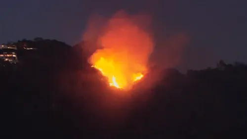 لهب كبير يشتعل على قمة تل في مقاطعة لوس أنجلوس، مع تصاعد الدخان الكثيف في السماء، مما يعكس خطر حرائق الغابات المتزايد.