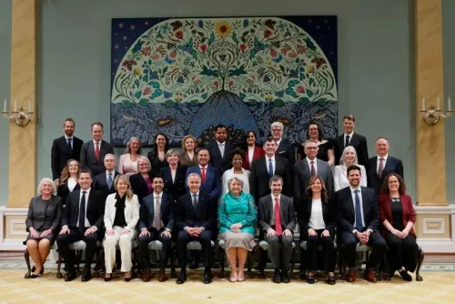 مجموعة من الوزراء الكنديين الجدد خلال مراسم أداء اليمين في قاعة ريدو هول، مع التركيز على التحديات الاقتصادية والعلاقات مع الولايات المتحدة.