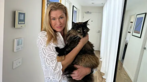 امرأة تحمل قطة ماين كون تُدعى ميتنز، تظهر المشاعر القوية بعد لم شملها مع عائلتها، في خلفية منزل حديث.