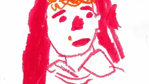 رسم ملون لطفل يظهر ملامح وجهه بتعبيرات عاطفية، يعكس أهمية الفن في تعزيز التفاعل الاجتماعي والمهارات العاطفية للأطفال.