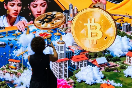 امرأة تلتقط صورة أمام شاشة ضخمة تعرض رموز بيتكوين وصورًا تعكس تطور العملات الرقمية في هونغ كونغ.