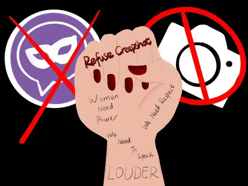 يد تعرض قبضة مرفوعة تحمل عبارات تدعو لرفض تصوير النساء دون إذن، مع رموز تحظر التصوير، تعبيراً عن قوة النساء وحقهن في الاحترام.